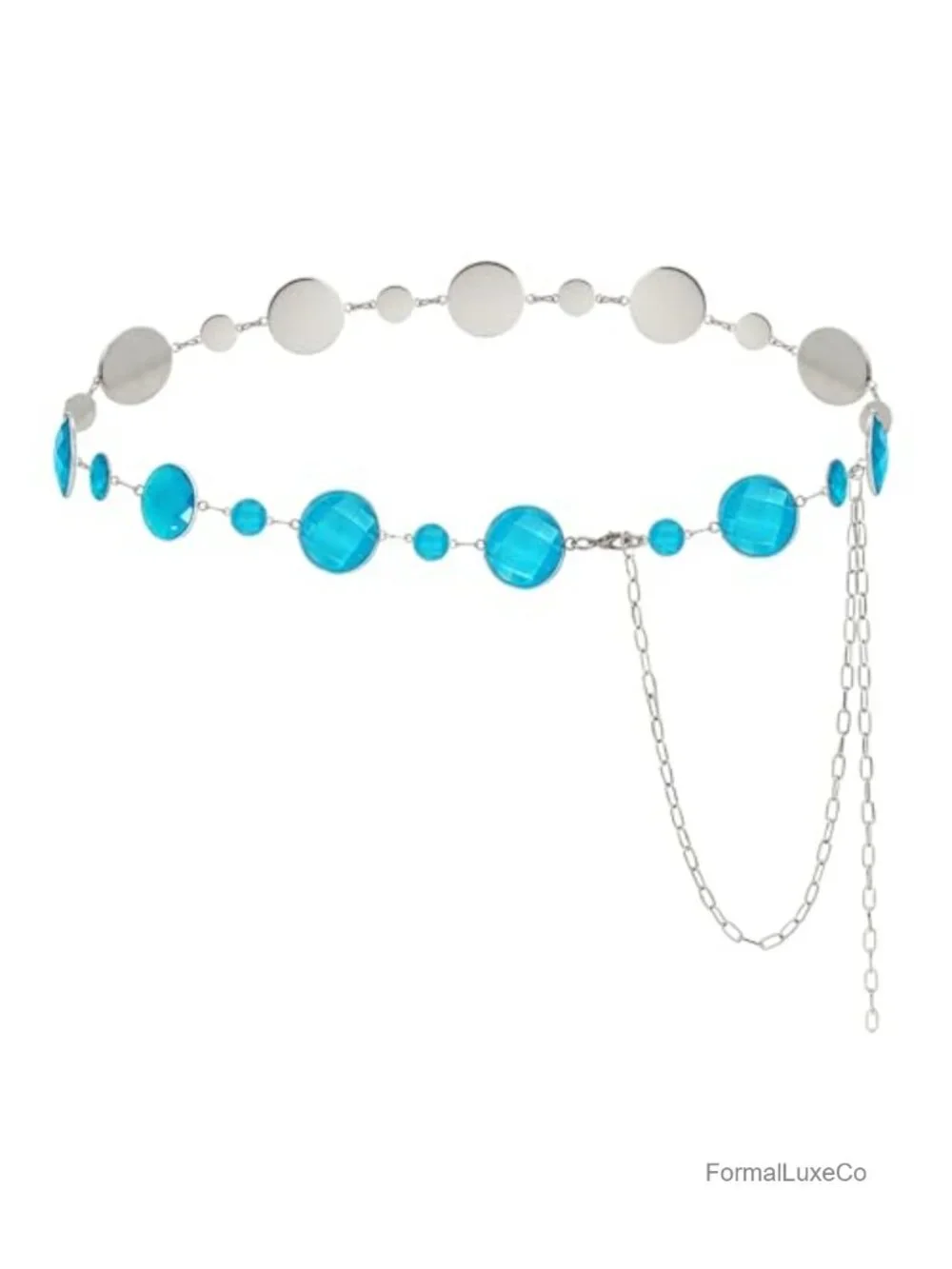 Women's Crystal Chain Waist Belt Adjustable Silver & Blue Western Cowgirl Bridal